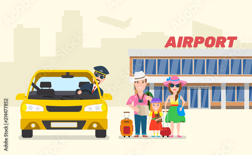 family travelers standing near taxi with luggage in airport