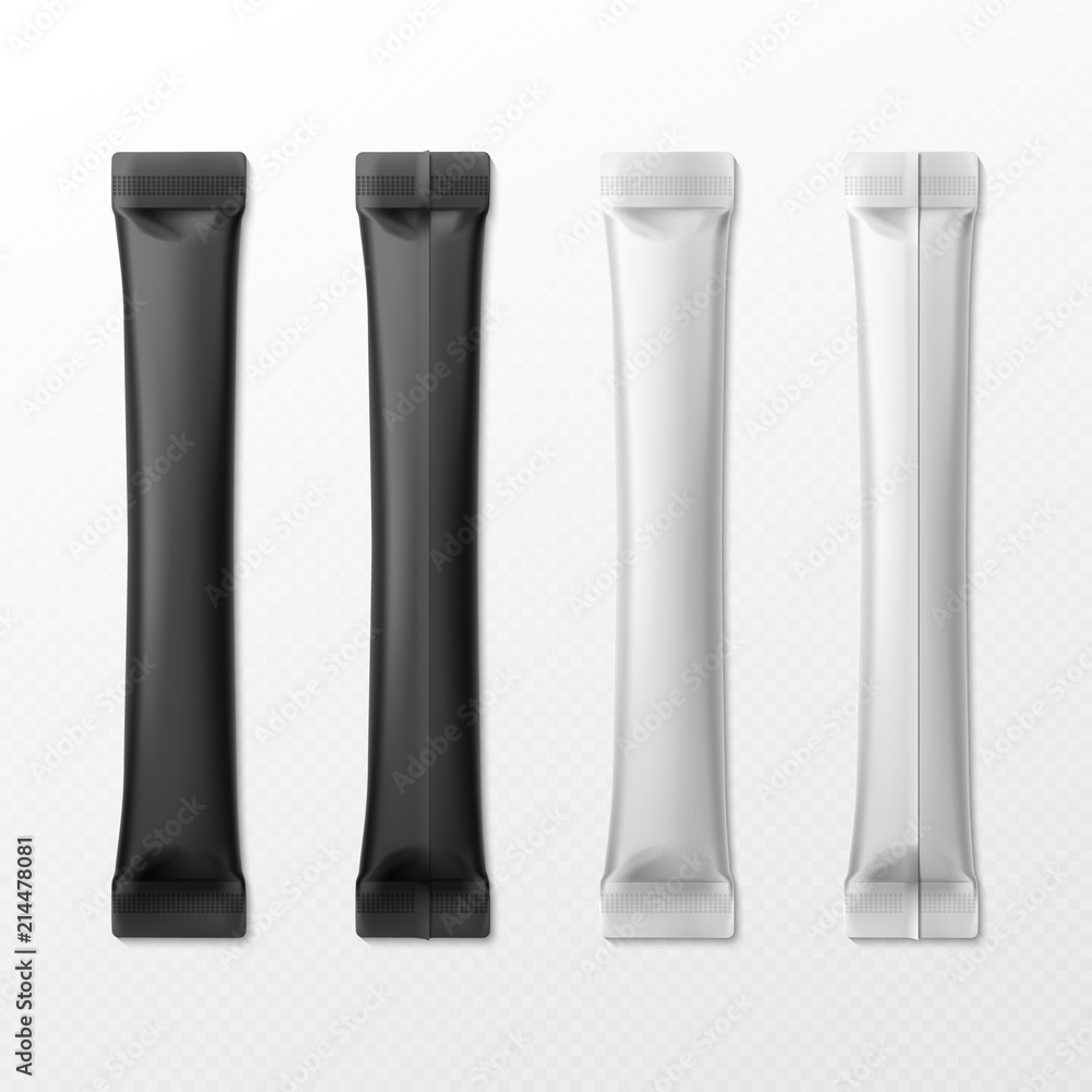 Blank sticks. Sugar pack, salt or coffee stick packing. Cappuccino foil.  Food products packings isolated vector set Stock-Vektorgrafik | Adobe Stock