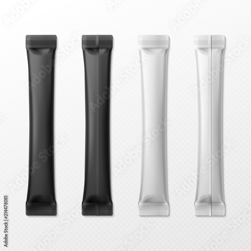 Blank sticks. Sugar pack, salt or coffee stick packing. Cappuccino foil. Food products packings isolated vector set