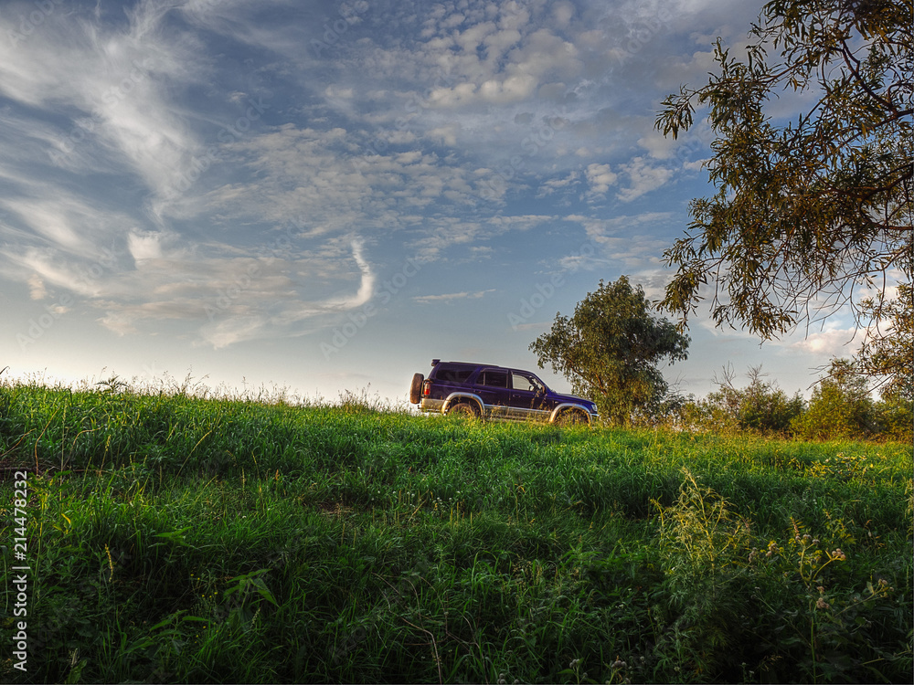 Fototapeta premium Off-road car on a country road in the field
