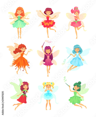 Cartoon fairies characters. Fairy creatures with wings and magic wands. Fabulous flying elf dress girls with flower skirt vector set