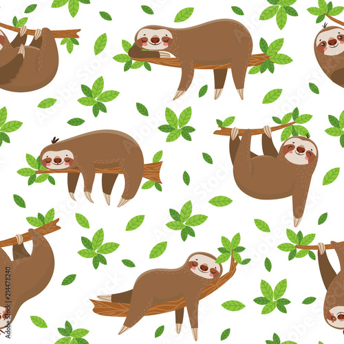 Cartoon sloth seamless pattern. Cute sloths on tropical lianas branches. Lazy jungle animal at rainforest trees vector background