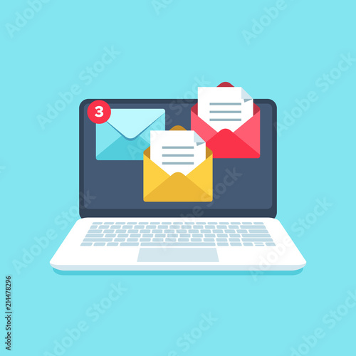 Flat email messages inbox notification. Laptop computer screen with business mail letters alerts vector illustration