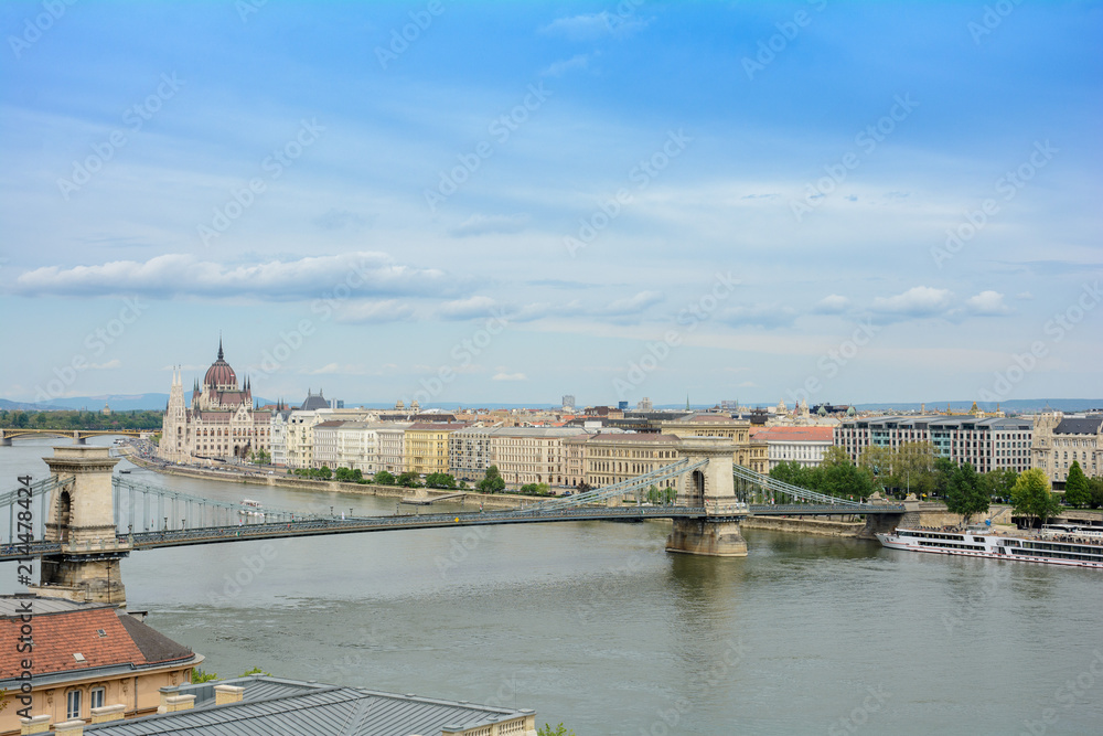 Budapest, Hungary. View of the Antall József embankment, the Szechenyi Chain Bridge and the Hungarian Parliament building.