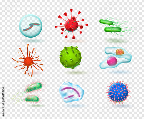Realistic viruses. bacteria germs microorganism. 3d microscopic infection cells. Vector isolated set