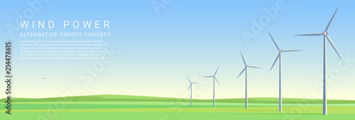 Wind power energy turbines on a green meadow vector concept header poster.