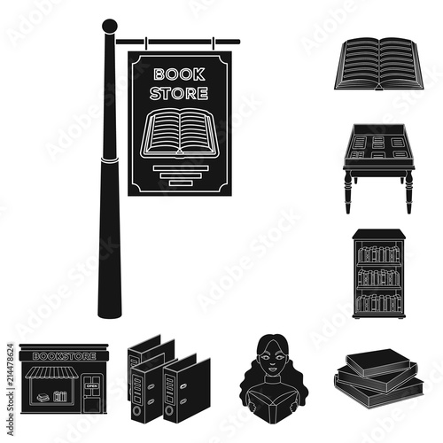 Library and bookstore black icons in set collection for design. Books and furnishings vector symbol stock web illustration.