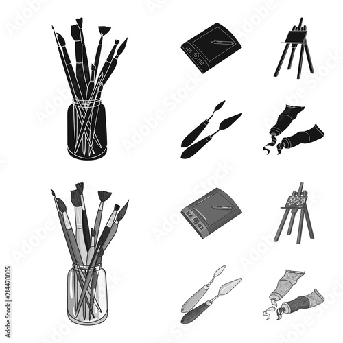 Bank with brushes, a drawing board, an easel with a canvas, paint knives.Artist and drawing set collection icons in black,monochrom style vector symbol stock illustration web.