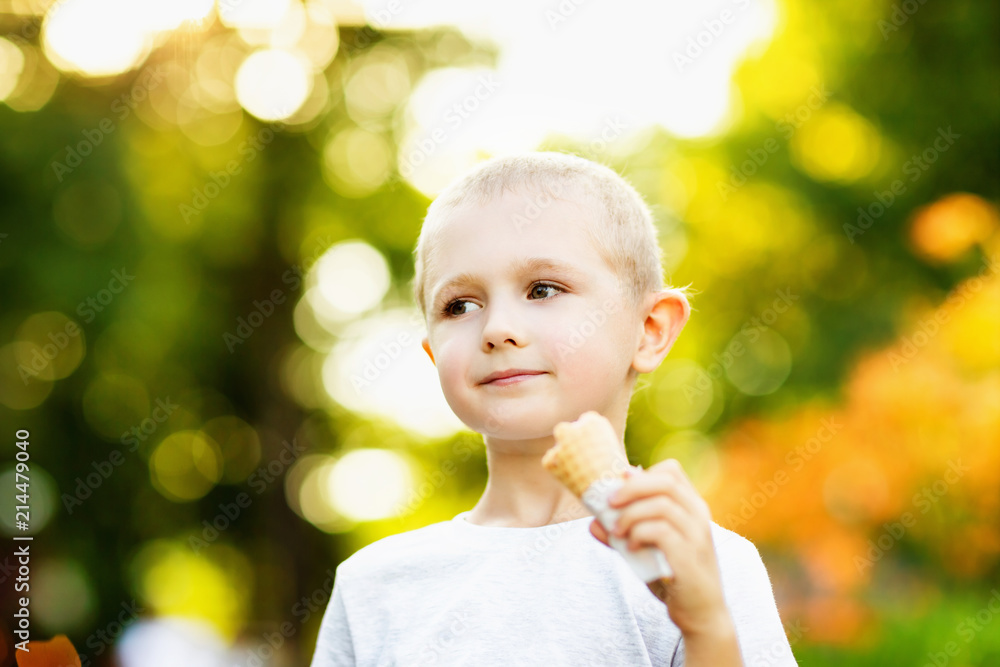 Happy little boy is eating ice cream outdoors at festive summer park background. Happy little boy is eating ice cream outdoors at festive summer park background.
