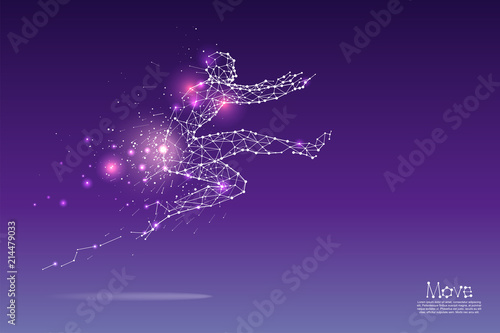 The particles, geometric art, line and dot of human jumping.