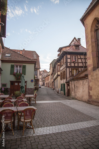A street in the town of Ribeauville (Alsace, France).