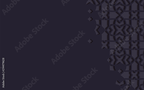Arabic arabesque design greeting card for Ramadan Kareem.Islamic dark monochrome ornamental detail of mosaic.Vector illustration.