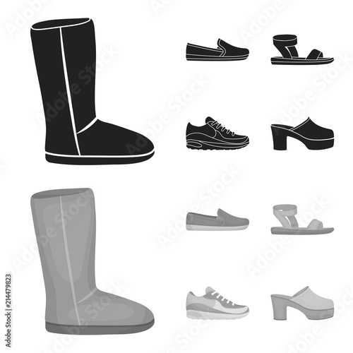 Beige ugg boots with fur, brown loafers with a white sole, sandals with a fastener, white and blue sneakers. Shoes set collection icons in black,monochrom style vector symbol stock illustration web.