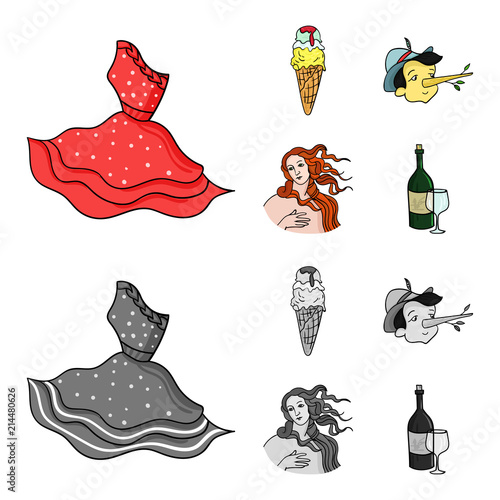 Italian dress, gelato, pinocchio, goddess of love. Italy set collection icons in cartoon,monochrome style vector symbol stock illustration web.