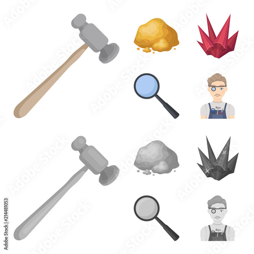 A jeweler hammer, a magnifier, a copper ore, a crystal. Precious minerals and a jeweler set collection icons in cartoon,monochrome style vector symbol stock illustration web.