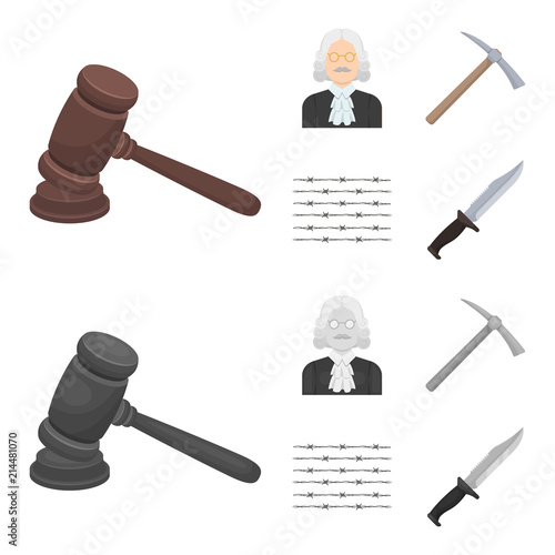 Judge, wooden hammer, barbed wire, pickaxe. Prison set collection icons in cartoon,monochrome style vector symbol stock illustration web.