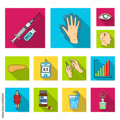 Diabetes flat icons in set collection for design. Treatment of diabetes vector symbol stock web illustration.