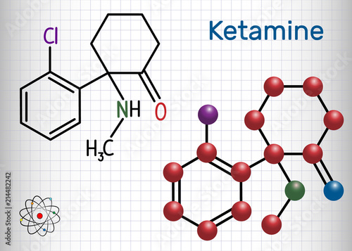 Ketamine molecule. It is used for anesthesia in medicine. Structural chemical formula and molecule model. Sheet of paper in a cage