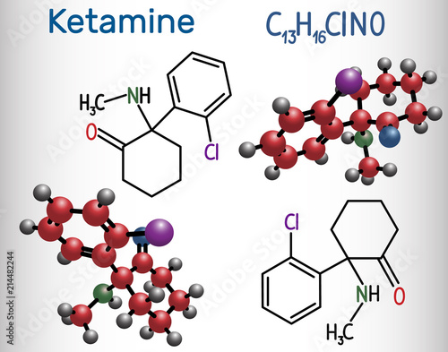Ketamine molecule. It is used for anesthesia in medicine. Structural chemical formula and molecule model
