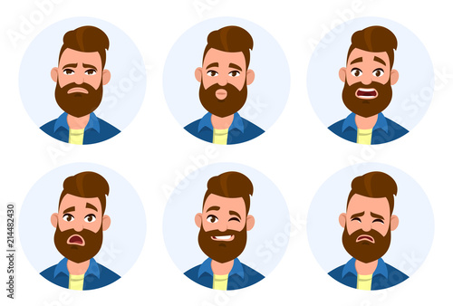 Set of male facial emotions. Different male emotions set. Man emoji character with different expressions.