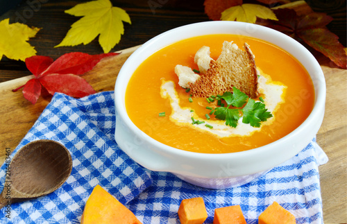 Colorful of Pumpkin soup menu with Maple Leaves Changing Color in October.(German name is Kürbissuppe)
Pumpkin season with  Menu for All Ages.