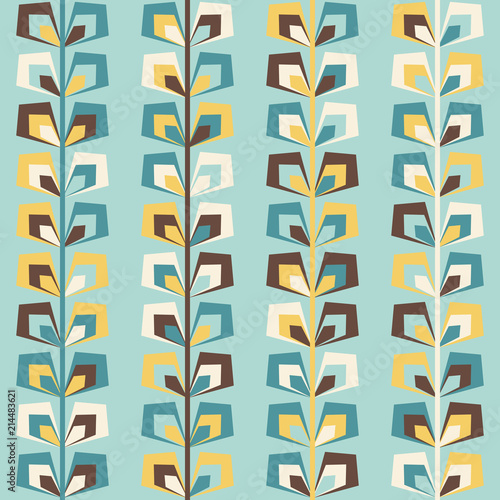 Midcentury geometric retro background. Vintage brown, mustard yellow and teal colors. Seamless floral mod pattern, vector illustration. Abstract retro midcentury 60s 70s background. Retro wallpaper.