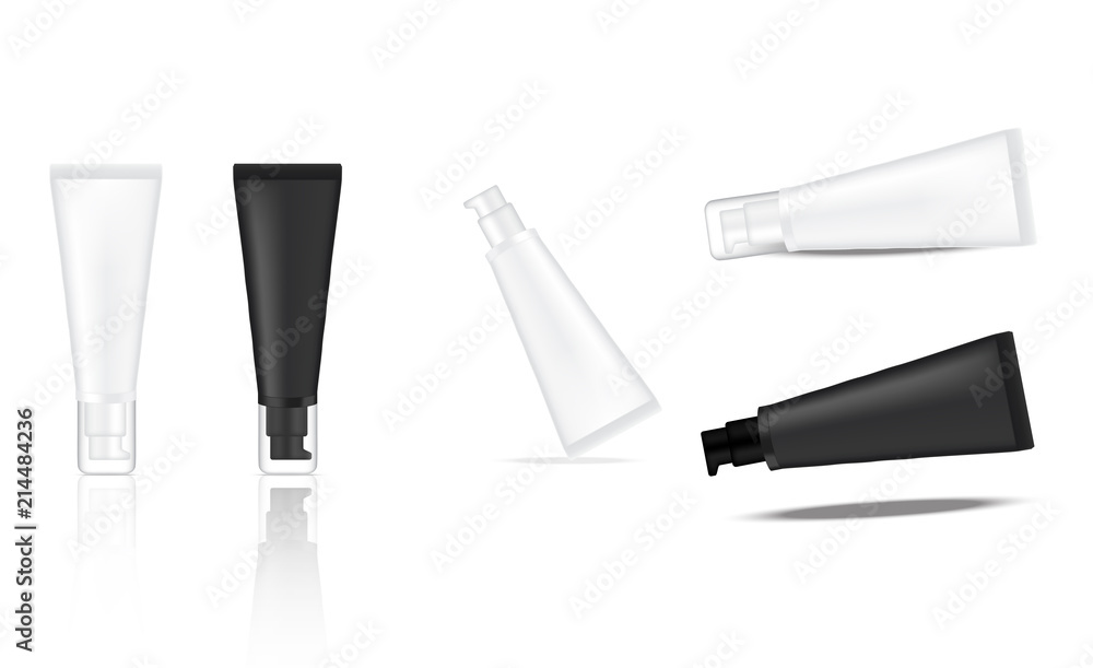 Mock up Realistic Plastic Packaging Black And White Tube Product With Lid For Cosmetic Beauty and Medicine isolated Background. Mock up Realistic Plastic Packaging Black And White Tube Product With Lid For Cosmetic Beauty and Medicine isolated Background.