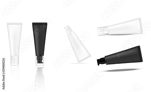 Mock up Realistic Plastic Packaging Black And White Tube Product With Lid For Cosmetic Beauty and Medicine isolated Background.