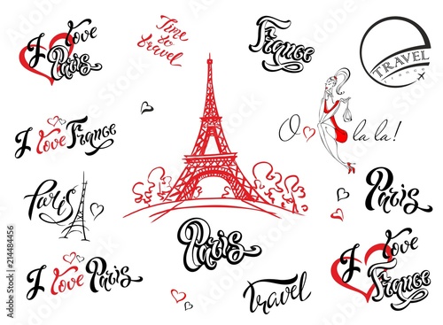 Paris. France. Set of elements for design. Eiffel tower sketch. Inspiring lettering. Label templates. Girl model.Vector.