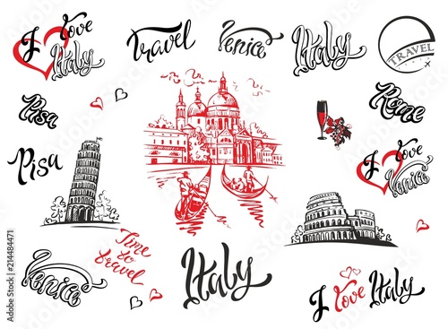 Italy. Venice, Rome, Pisa . Set of elements for design. Cathedral. Coliseum. tower of Pisa. sketches. Lettering. Gondolas. Grape. Wine. Vector illustration.