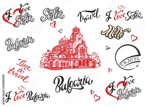Bulgaria. Sofia. Set of elements for design. Lettering. The sketch of the Cathedral of Alexander Nevsky. Travel.Vector.