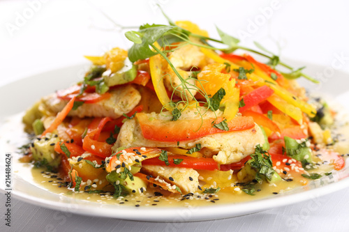 Vegetable salad with cheese and roast chicken