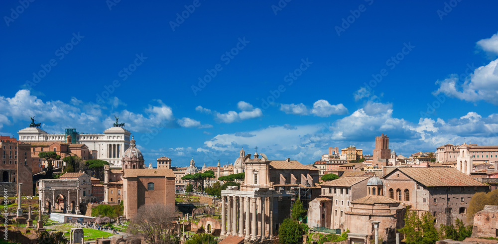 Rome, the Eternal City. Panoramic view of historic center old skyline, seen from Palatine Hill (with copy space above)