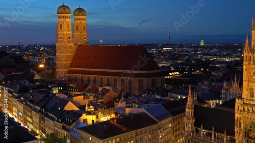 Aerial view of Cathedral of Our Dear Lady or Frauenkirche at night, Munich city, Bavaria, Germany