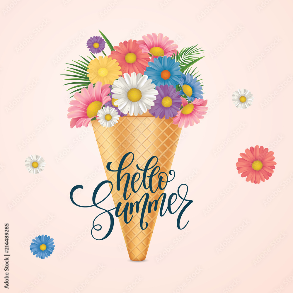 Obraz Ice cream with flowers. Hello summer lettering. Vector illustration EPS10.