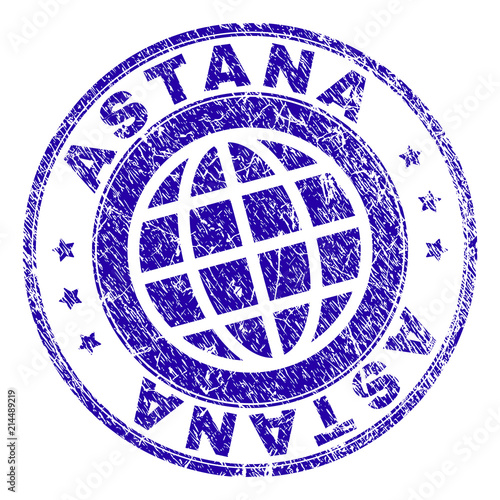 ASTANA stamp print with distress texture. Blue vector rubber seal print of ASTANA tag with retro texture. Seal has words arranged by circle and planet symbol.