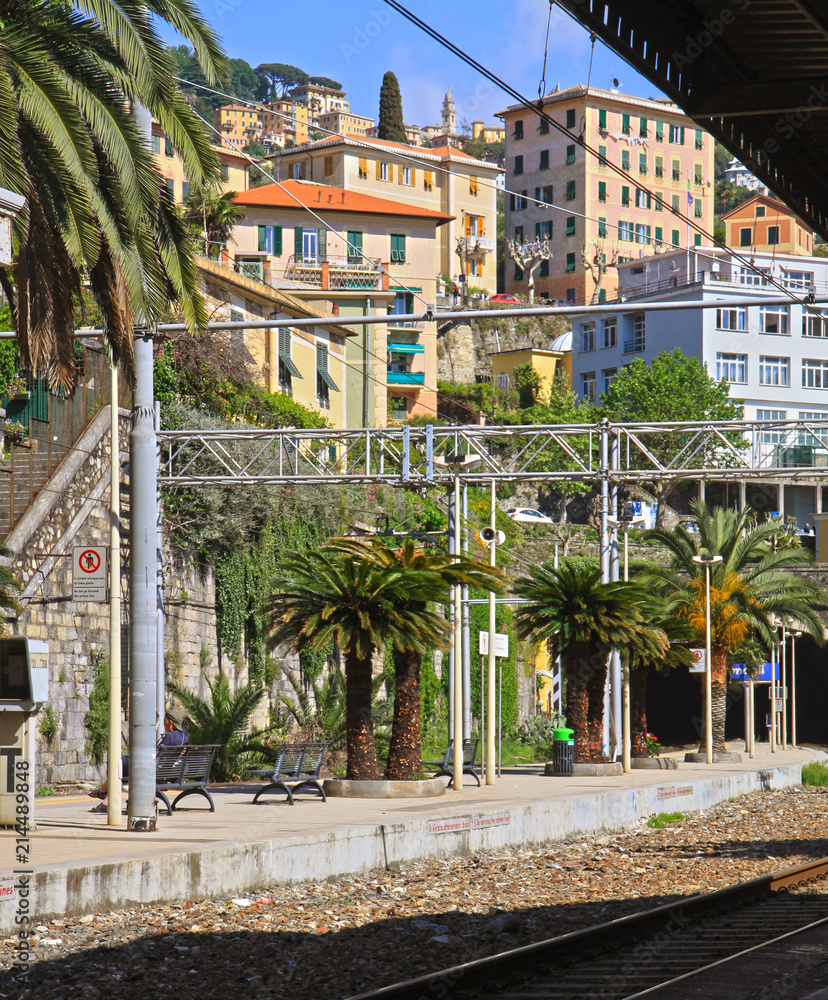 Railway station at Camogli, picturesque village near Genoa, train platform