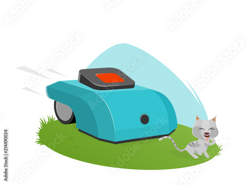 automatic lawnmower attacking cute kitten