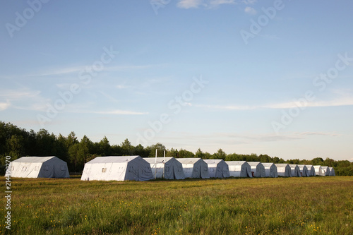 white large army tents. rescue camp.
