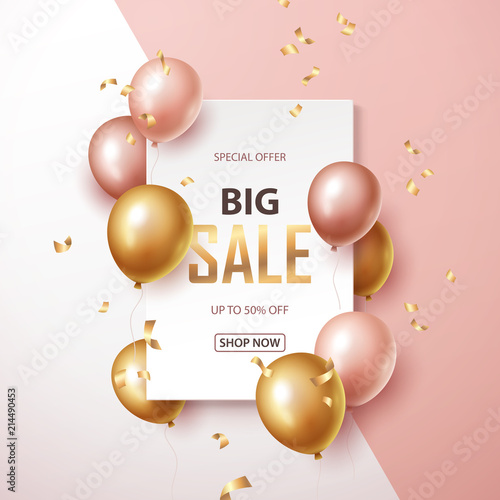 Sale banner with black and gold floating balloons. Vector illustration.