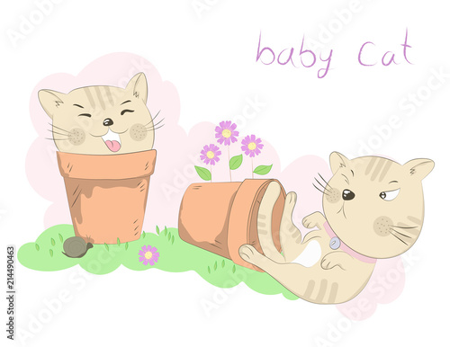 Cute two little cats cartoon misbehave with flower pot. Hand drawn style