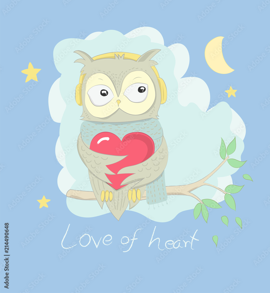 Fototapeta premium Cute owl cartoon hug red heart on the tree at night. Hand drawn style