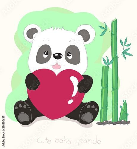 Fototapeta Naklejka Na Ścianę i Meble -  Cute little panda cartoon hug red heart and bamboo. Hand drawn style