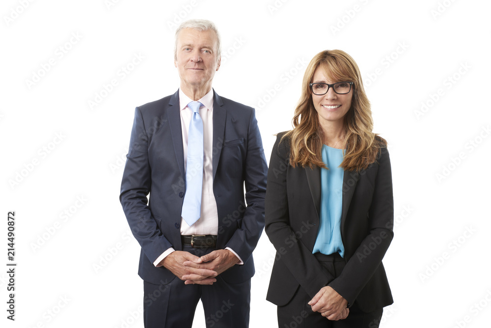 Business team studio shot. Portrait shot of two business people standing at isolated white background. Business team studio shot. Portrait shot of two business people standing at isolated white background.