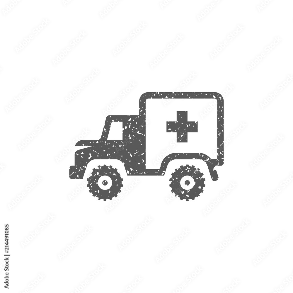 Military ambulance icon in grunge texture. Vintage style vector illustration.