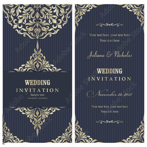 Wedding invitation cards  baroque style blue and gold. Vintage  Pattern. Retro Victorian ornament. Frame with flowers elements. Vector illustration.