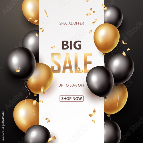 Sale banner with black and gold floating balloons. Vector illustration.