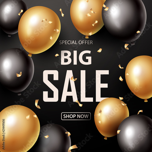 Sale banner with black and gold floating balloons. Vector illustration.