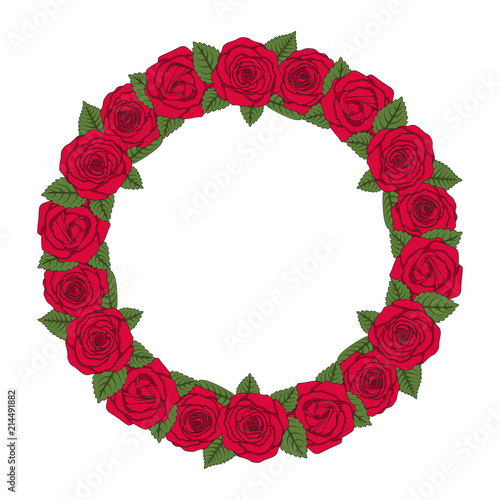 Colored illustration of a round wreath of red roses. Isolated vector object on white background.