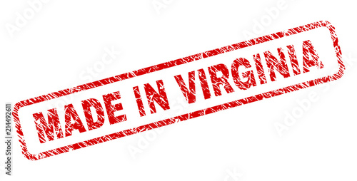 MADE IN VIRGINIA stamp seal print with distress style. Red vector rubber print of MADE IN VIRGINIA label with unclean texture. Text label is placed inside rounded rectangle frame.